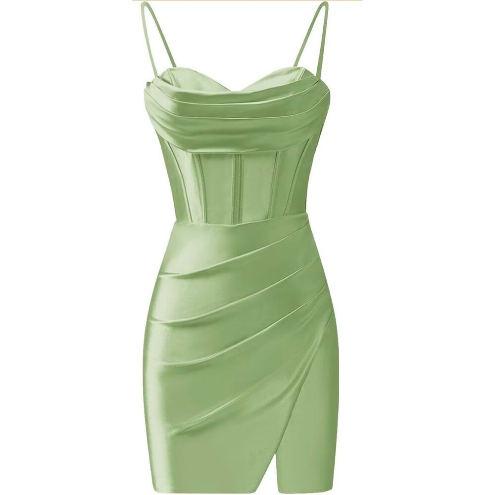 Satin Sage green cocktail party mini dress corset bodice Size 12 Homecoming